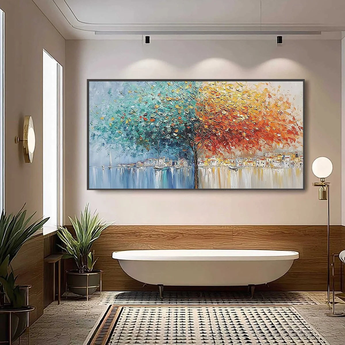 HARBOR OF HUES: Textured Palette Knife Painting of a Coastal Town | black frame version on white wall