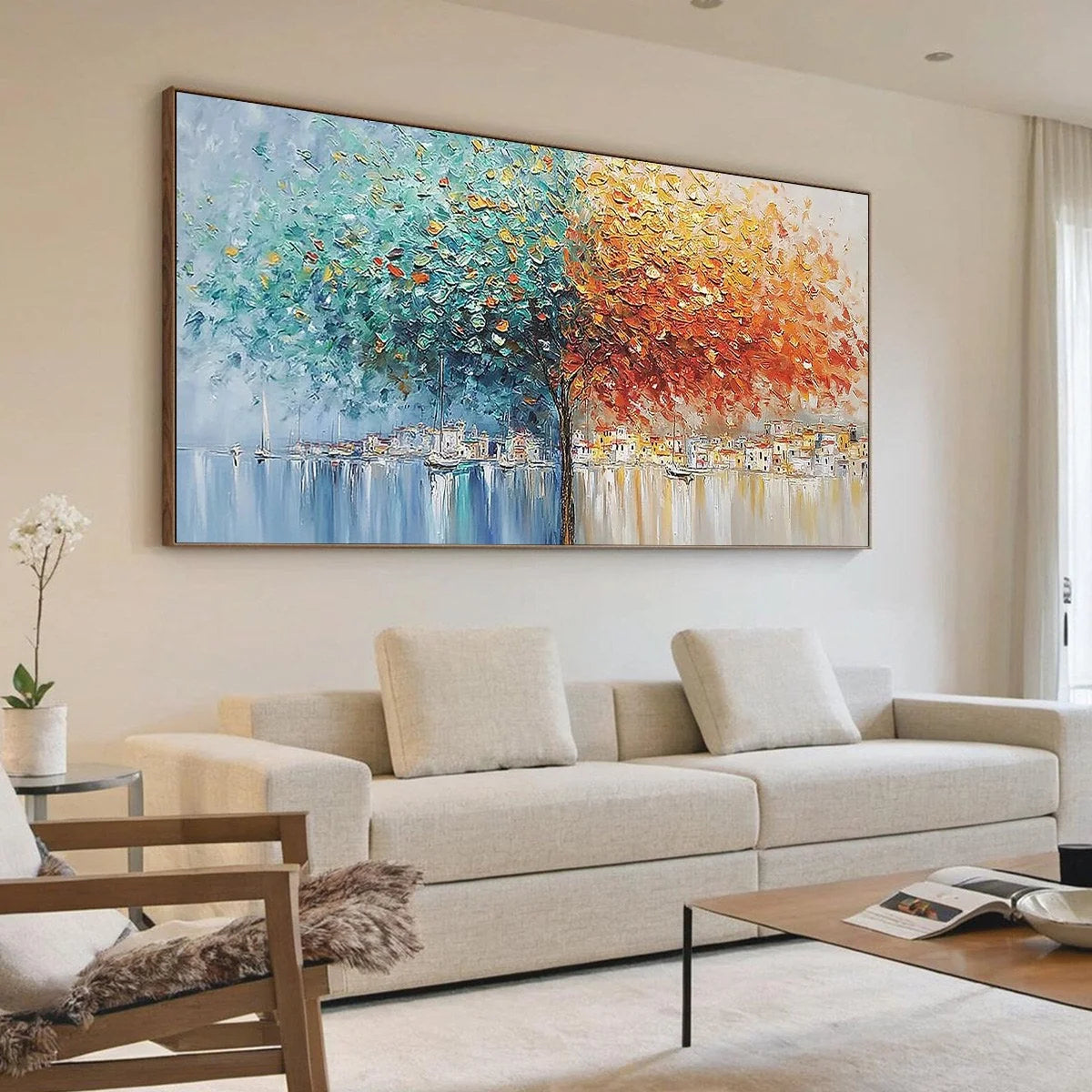 HARBOR OF HUES: Textured Palette Knife Painting of a Coastal Town | Abstract mood, soft natural light studio shot