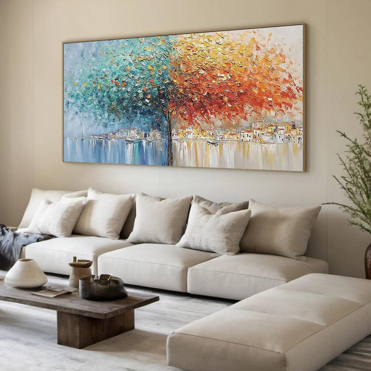 HARBOR OF HUES: Textured Palette Knife Painting of a Coastal Town | multi-color palette, original oil on stretched canvas art