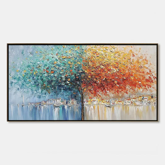 HARBOR OF HUES: Textured Palette Knife Painting of a Coastal Town | hanging in living room, Abstract wall art