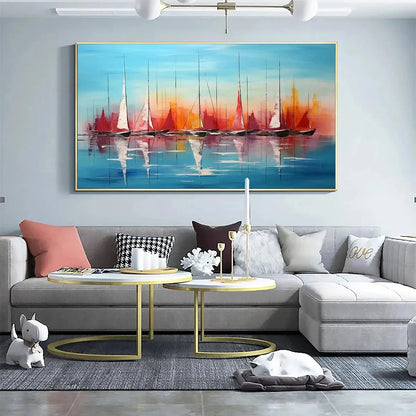 HARBOR SUNSET: Panoramic Sailboat Painting, Colorful Sunset | gold frame stretched on neutral wall