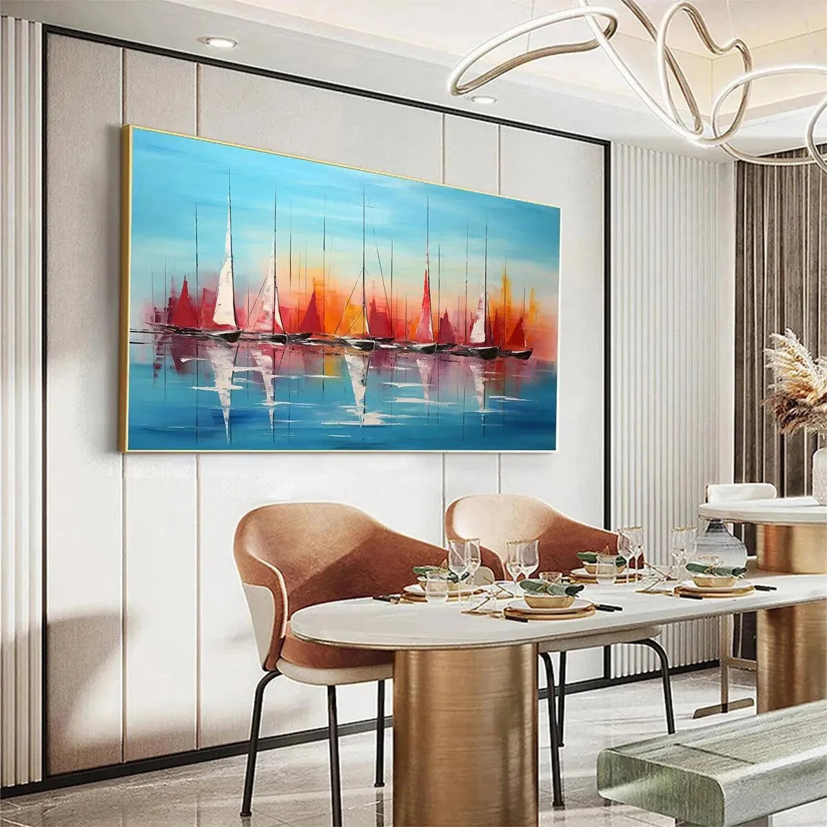 HARBOR SUNSET: Panoramic Sailboat Painting, Colorful Sunset | Abstract mood, soft natural light studio shot