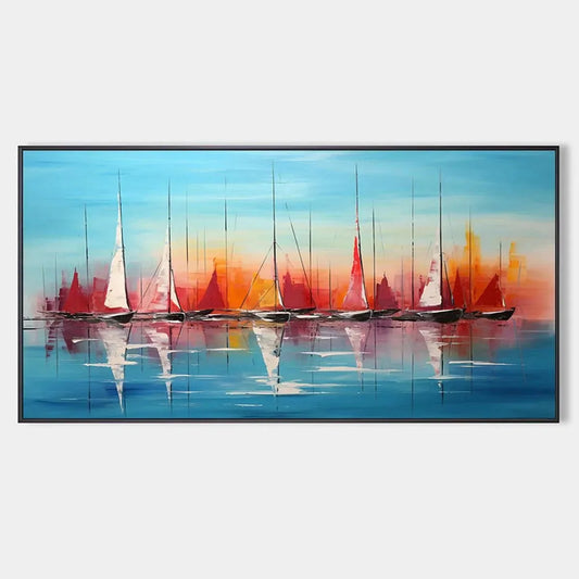 HARBOR SUNSET: Panoramic Sailboat Painting, Colorful Sunset | hanging in living room, Abstract wall art