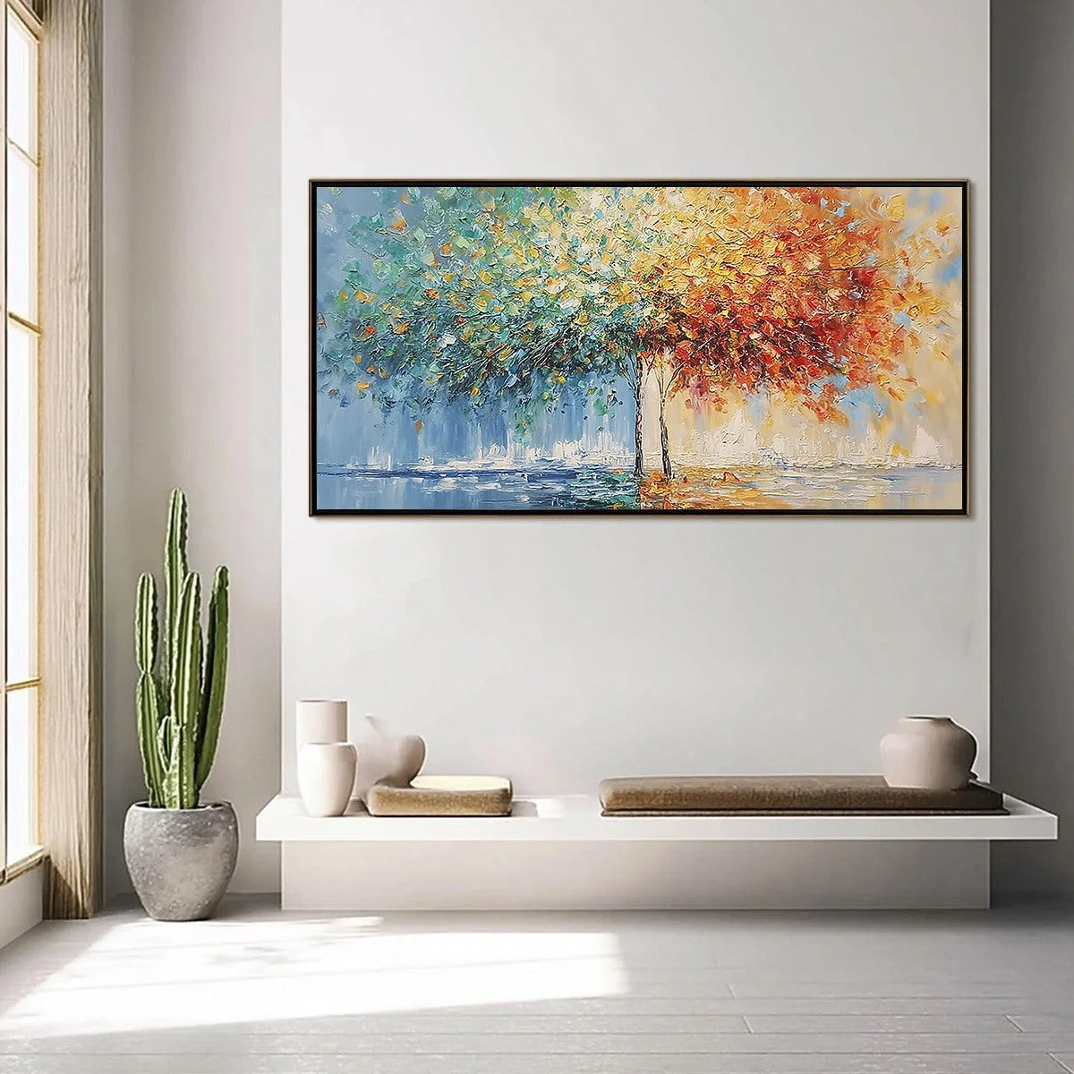 HARMONY IN TRANSITION: Colorful Palette Knife Tree Landscape Oil Painting | gold frame stretched on neutral wall