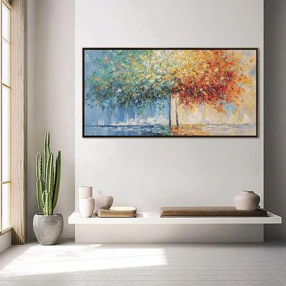 HARMONY IN TRANSITION: Colorful Palette Knife Tree Landscape Oil Painting | gold frame stretched on neutral wall