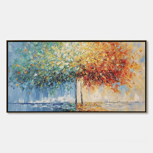 HARMONY IN TRANSITION: Colorful Palette Knife Tree Landscape Oil Painting | hanging in living room, Landscape wall art