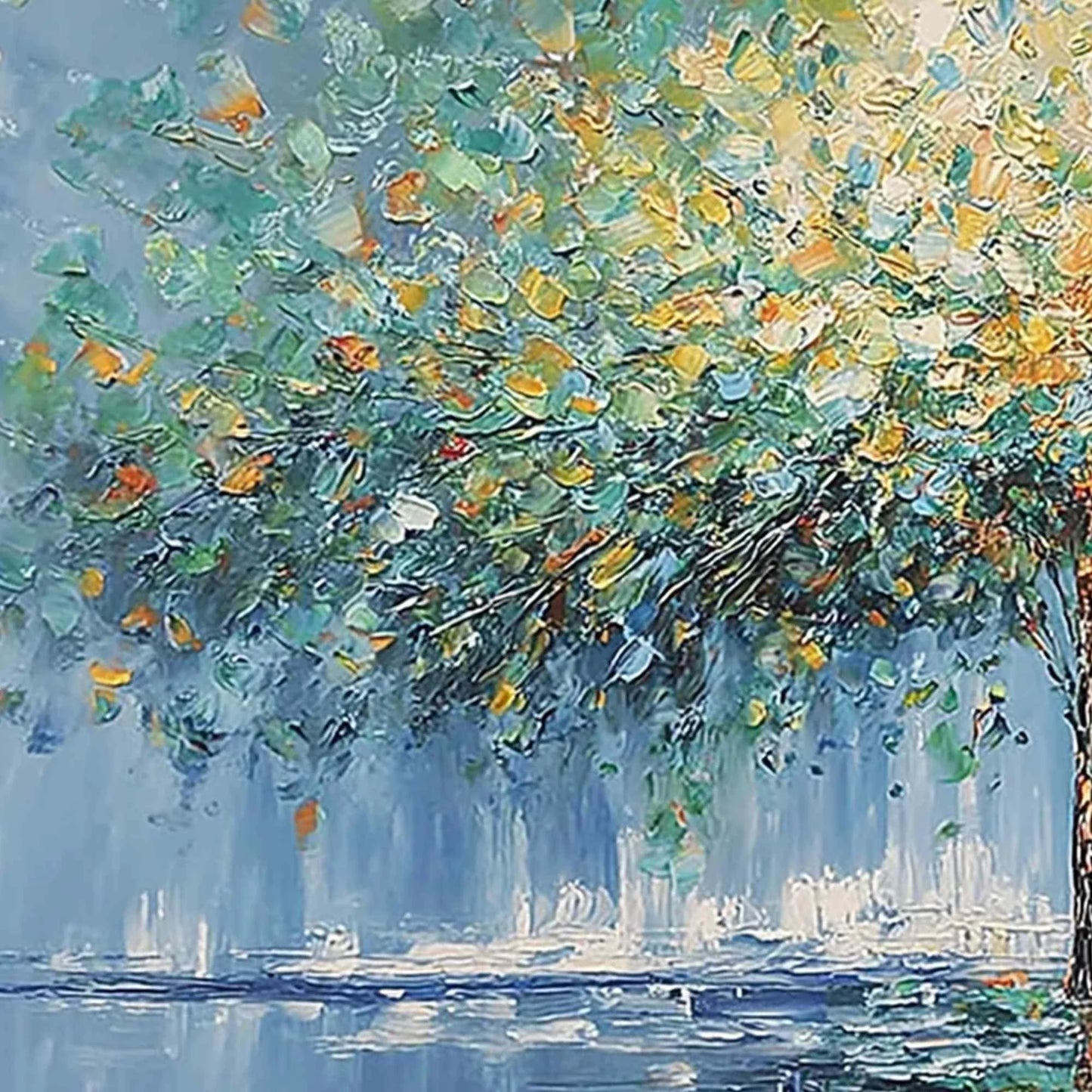 HARMONY IN TRANSITION: Colorful Palette Knife Tree Landscape Oil Painting | rectangular format, hand-painted canvas edge