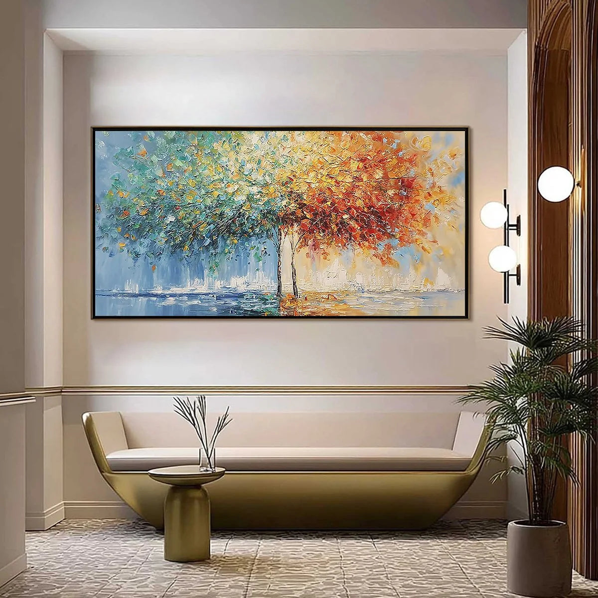 HARMONY IN TRANSITION: Colorful Palette Knife Tree Landscape Oil Painting | black frame version on white wall
