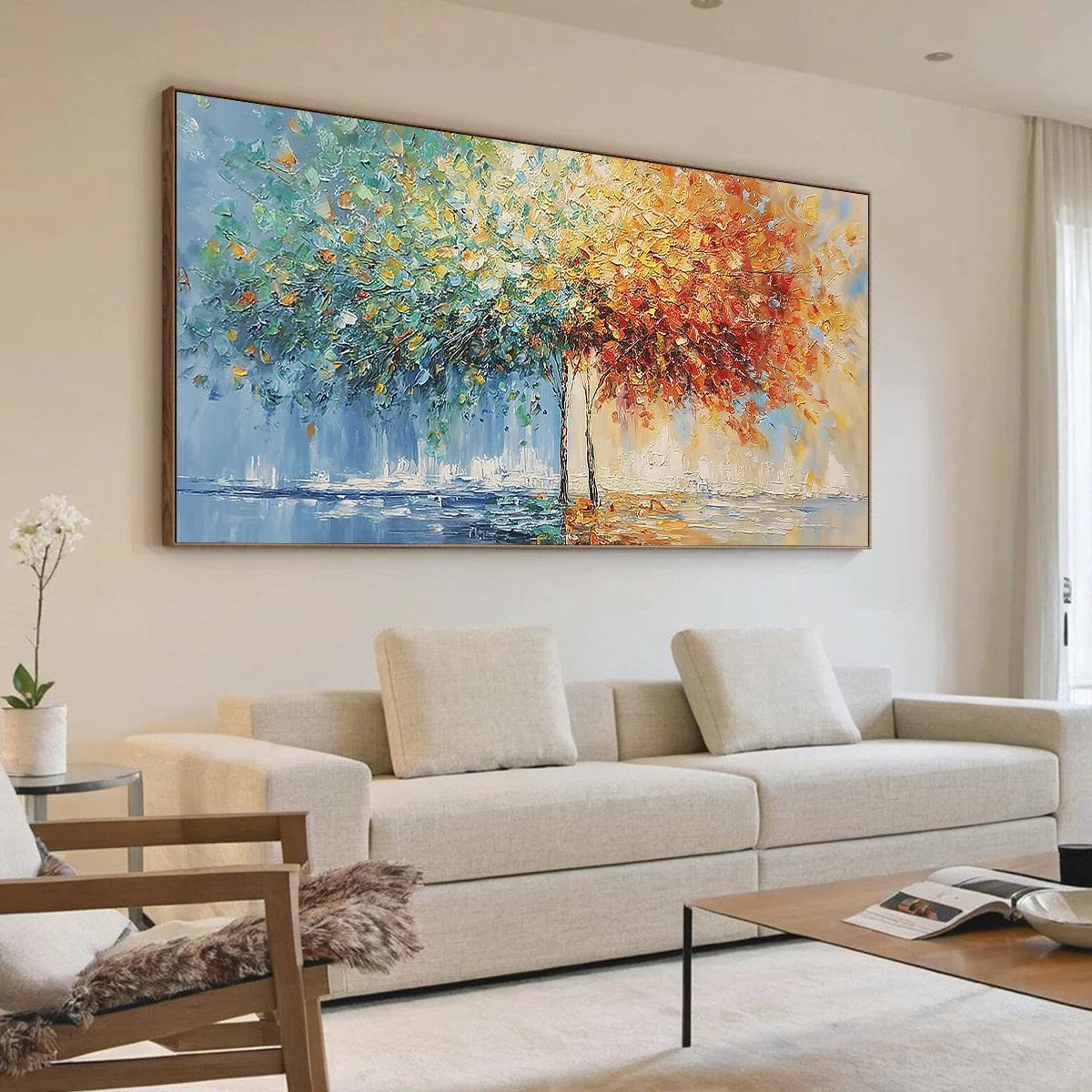 HARMONY IN TRANSITION: Colorful Palette Knife Tree Landscape Oil Painting | Landscape mood, soft natural light studio shot