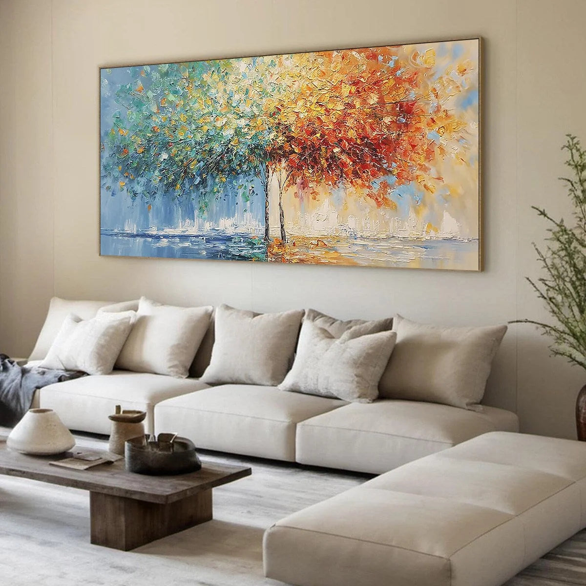 HARMONY IN TRANSITION: Colorful Palette Knife Tree Landscape Oil Painting | yellow palette, original oil on stretched canvas art