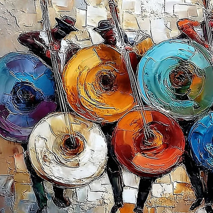 HARMONY IN HUES: Textured Palette Knife Painting of Musicians | rectangular format, hand-painted canvas edge
