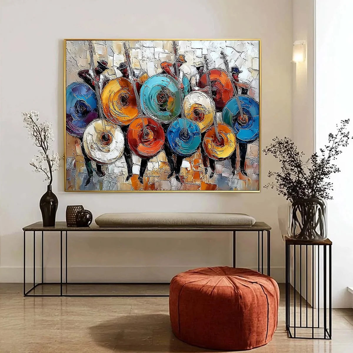 HARMONY IN HUES: Textured Palette Knife Painting of Musicians | gold frame stretched on neutral wall