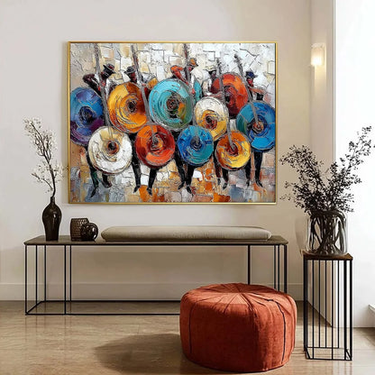 HARMONY IN HUES: Textured Palette Knife Painting of Musicians | gold frame stretched on neutral wall