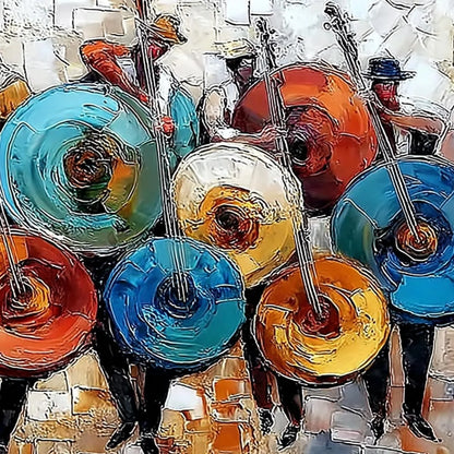 HARMONY IN HUES: Textured Palette Knife Painting of Musicians | rolled canvas, ready for custom framing