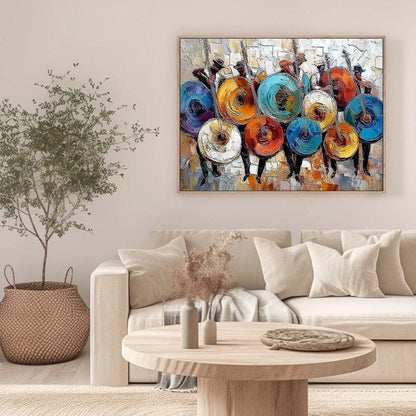 HARMONY IN HUES: Textured Palette Knife Painting of Musicians | black frame version on white wall