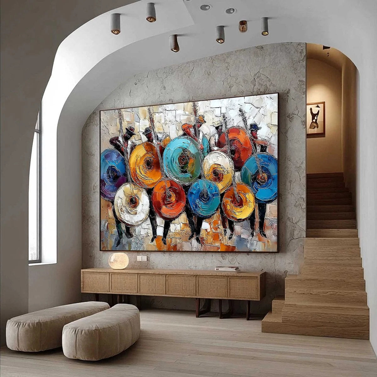 HARMONY IN HUES: Textured Palette Knife Painting of Musicians | Abstract mood, soft natural light studio shot