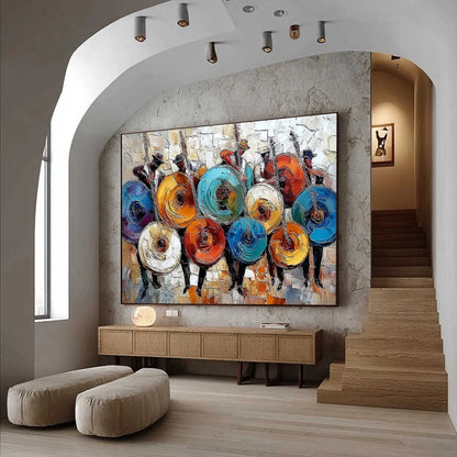 HARMONY IN HUES: Textured Palette Knife Painting of Musicians | Abstract mood, soft natural light studio shot