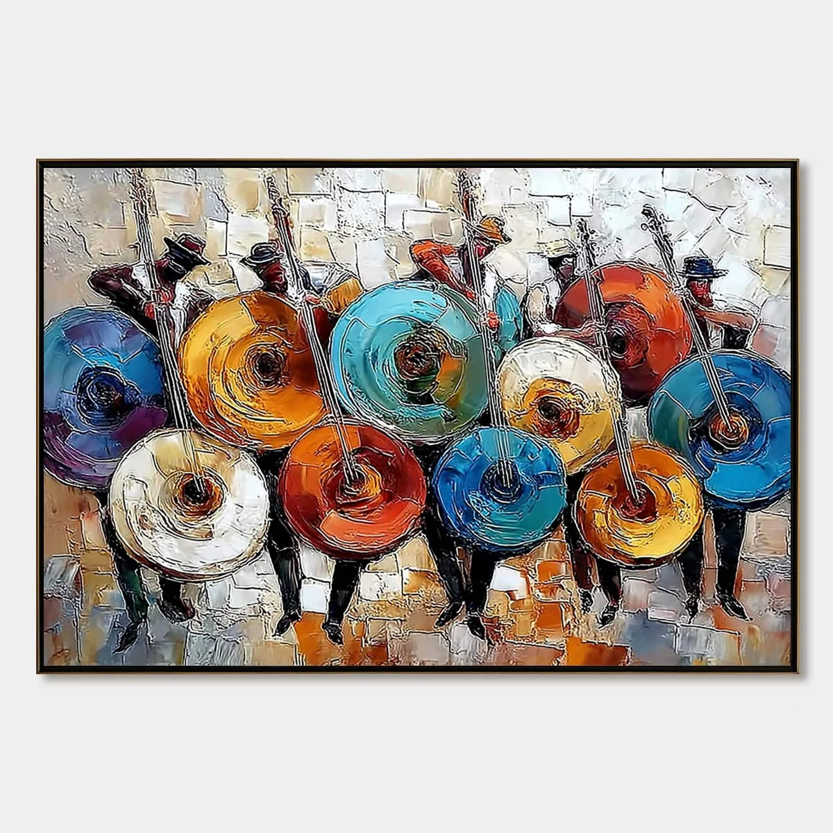 HARMONY IN HUES: Textured Palette Knife Painting of Musicians | hanging in living room, Abstract wall art