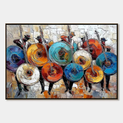 HARMONY IN HUES: Textured Palette Knife Painting of Musicians | hanging in living room, Abstract wall art