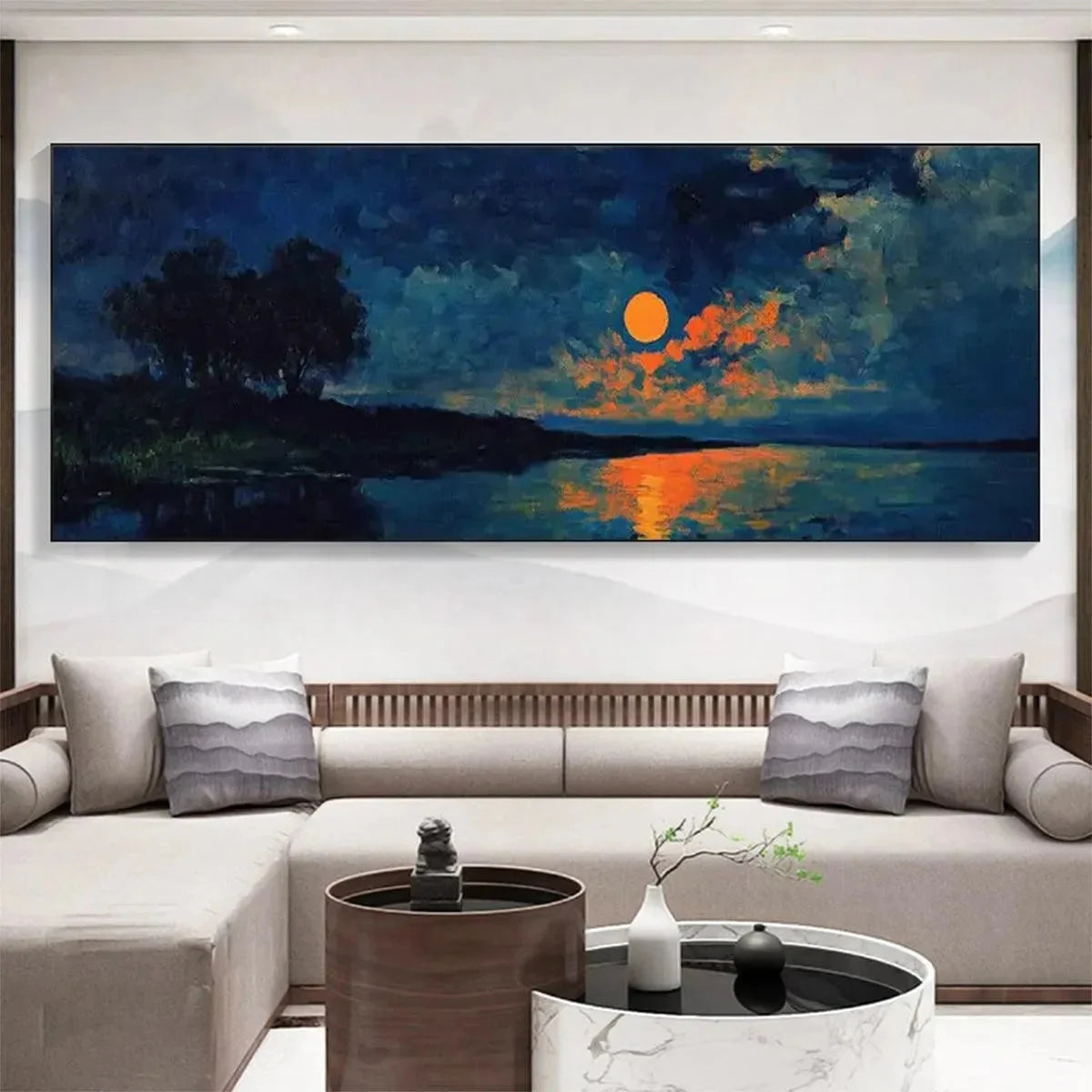 HARVEST MOON OVER THE LAKE PANORAMIC: Landscape Painting, Panoramic Wall Art, Moonlit Lake Decor | Landscape closeup, raised brushwork detail