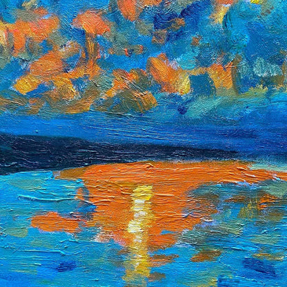 HARVEST MOON OVER THE LAKE PANORAMIC: Landscape Painting, Panoramic Wall Art, Moonlit Lake Decor | rectangular format, hand-painted canvas edge