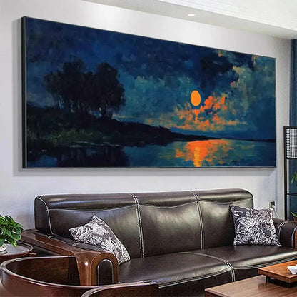 HARVEST MOON OVER THE LAKE PANORAMIC: Landscape Painting, Panoramic Wall Art, Moonlit Lake Decor | rolled canvas, ready for custom framing