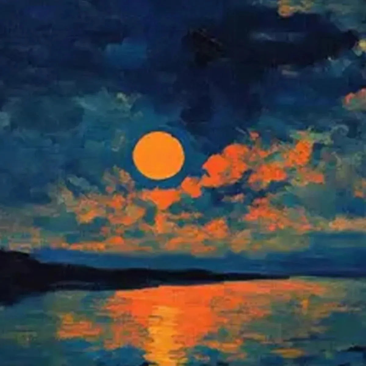HARVEST MOON OVER THE LAKE PANORAMIC: Landscape Painting, Panoramic Wall Art, Moonlit Lake Decor | black frame version on white wall