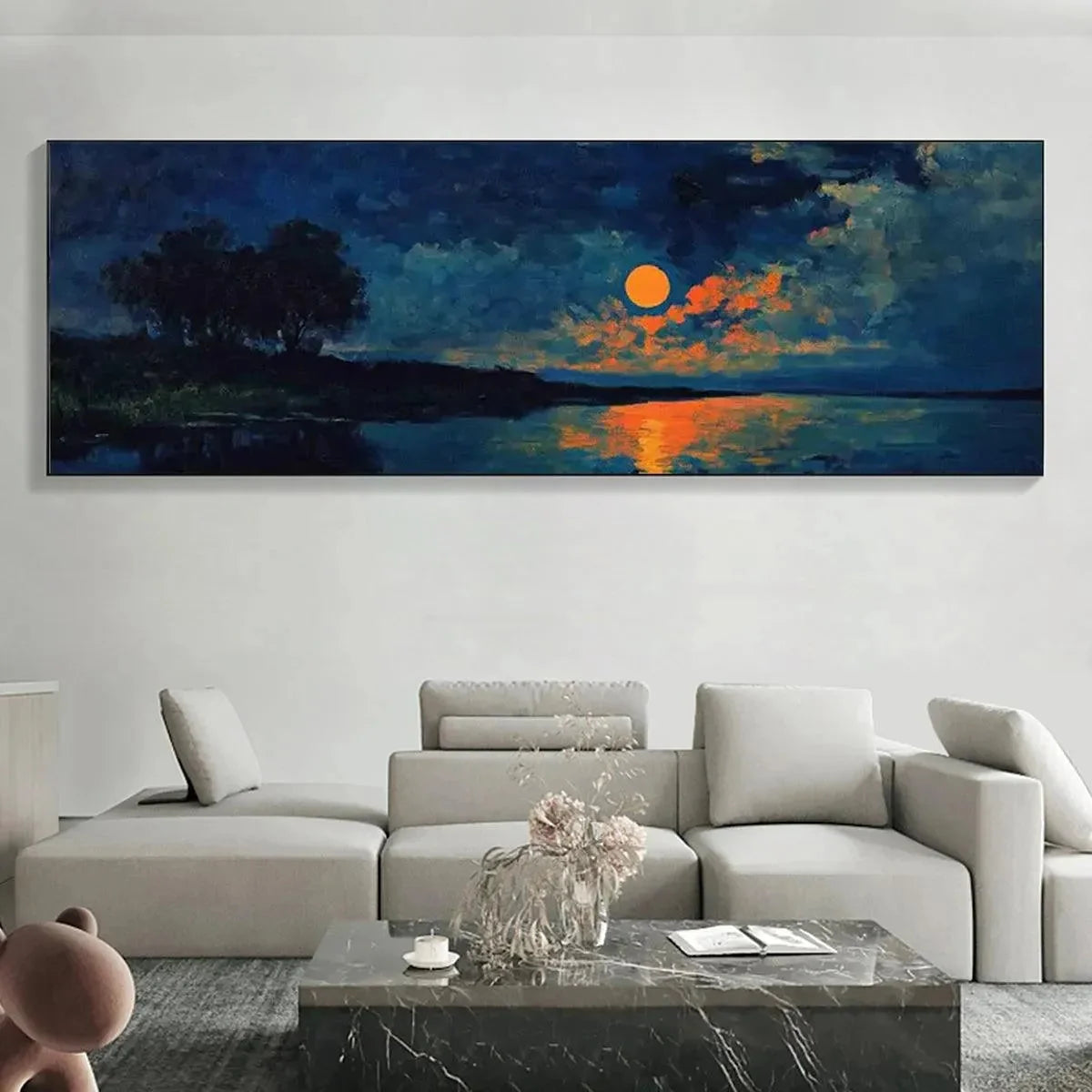 HARVEST MOON OVER THE LAKE PANORAMIC: Landscape Painting, Panoramic Wall Art, Moonlit Lake Decor | Landscape mood, soft natural light studio shot