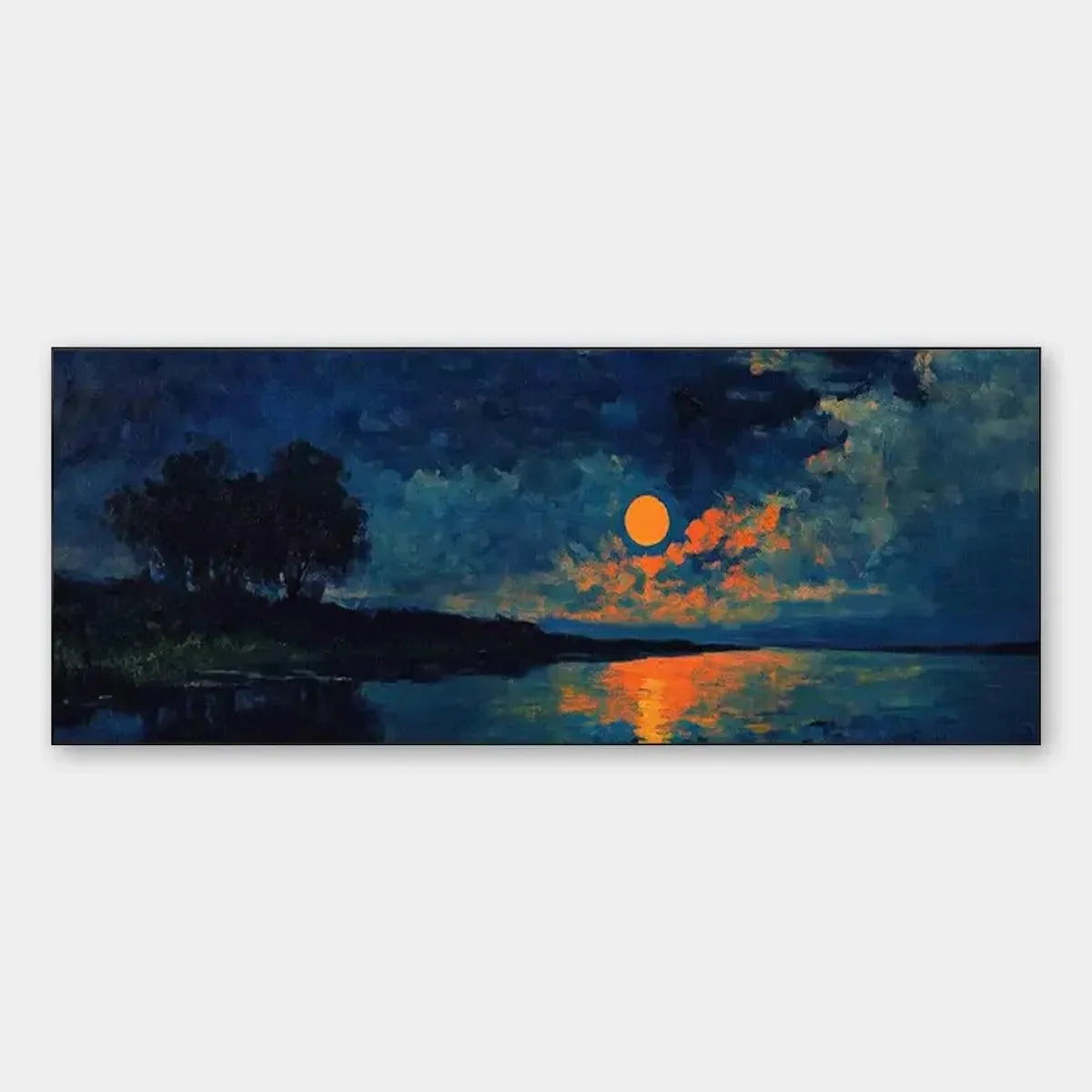 HARVEST MOON OVER THE LAKE PANORAMIC: Landscape Painting, Panoramic Wall Art, Moonlit Lake Decor | hanging in living room, Landscape wall art