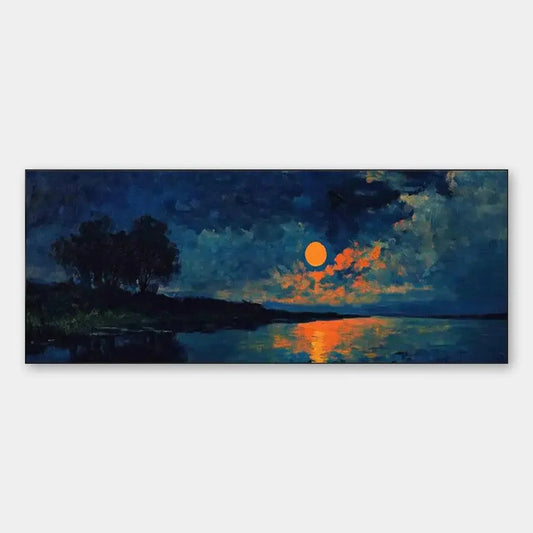 HARVEST MOON OVER THE LAKE PANORAMIC: Landscape Painting, Panoramic Wall Art, Moonlit Lake Decor | hanging in living room, Landscape wall art