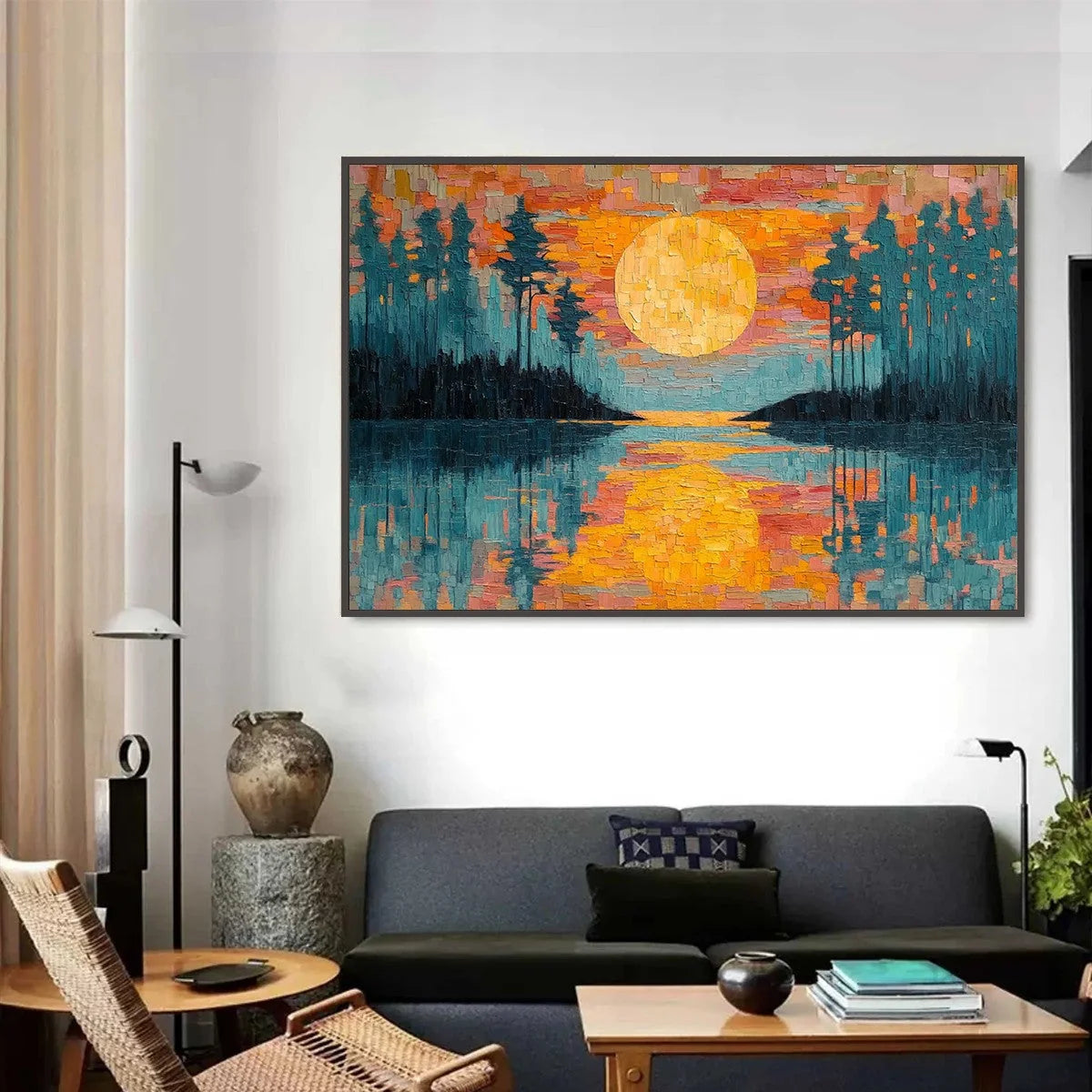 HARVEST MOON: Textured Impasto Landscape Oil Painting | gold frame stretched on neutral wall