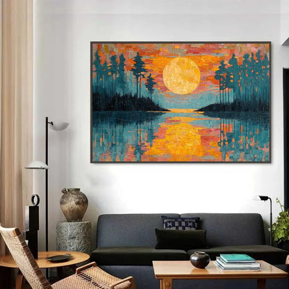 HARVEST MOON: Textured Impasto Landscape Oil Painting | gold frame stretched on neutral wall