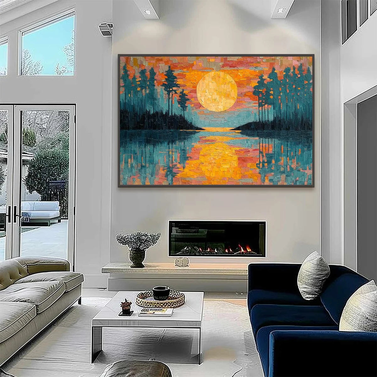 HARVEST MOON: Textured Impasto Landscape Oil Painting | black frame version on white wall