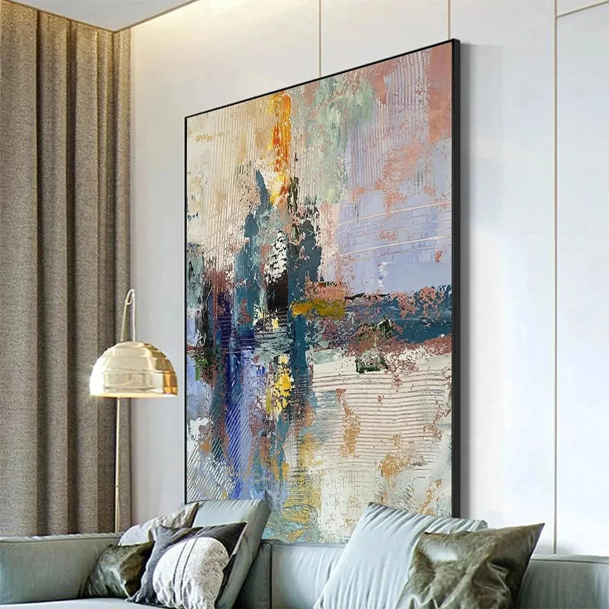 HAZY SKIES: Colorful Abstract Painting, Textured Wall Art, Vertical Canvas, Modern Art | black frame version on white wall
