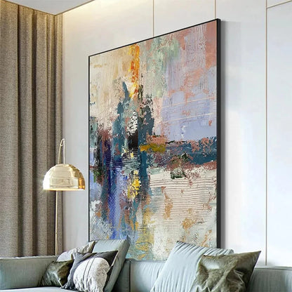 HAZY SKIES: Colorful Abstract Painting, Textured Wall Art, Vertical Canvas, Modern Art | black frame version on white wall