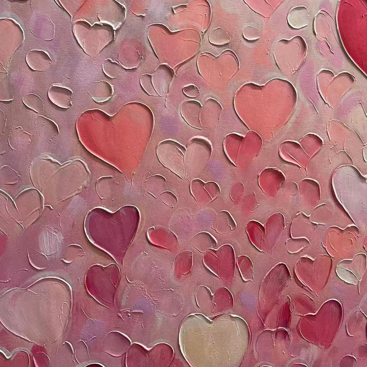 HEART RAIN: Textured Impasto Abstract Oil Painting in Pink and Red | gold frame stretched on neutral wall