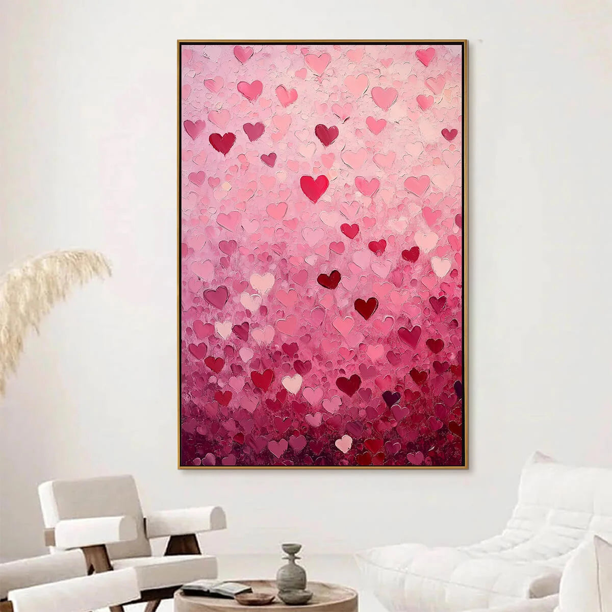 HEART RAIN: Textured Impasto Abstract Oil Painting in Pink and Red | Abstract mood, soft natural light studio shot
