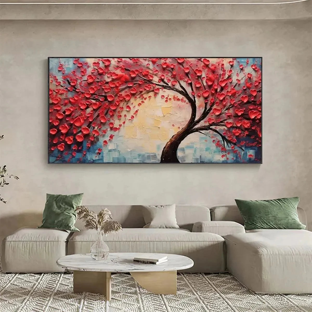 HEART TREE: Textured Impasto Red Tree Painting with Heart-Shaped Leaves | Figurative closeup, raised brushwork detail