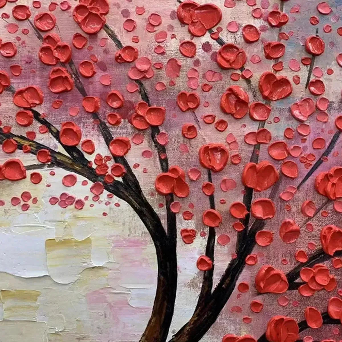 HEART TREE: Textured Impasto Red Tree Painting with Heart-Shaped Leaves | rectangular format, hand-painted canvas edge