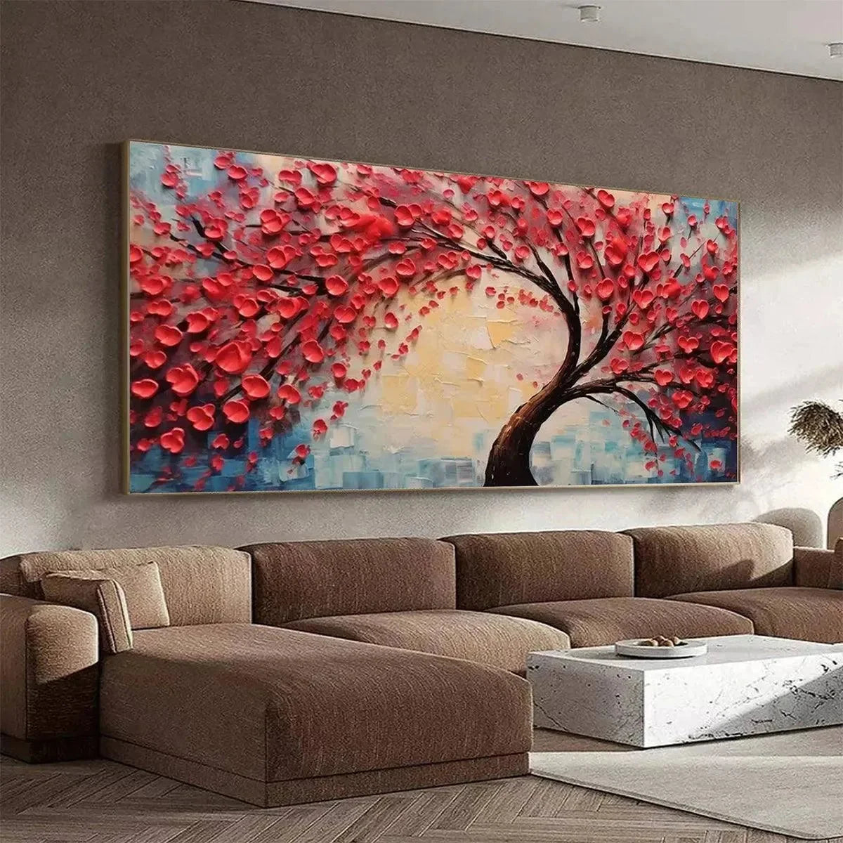 HEART TREE: Textured Impasto Red Tree Painting with Heart-Shaped Leaves | gold frame stretched on neutral wall