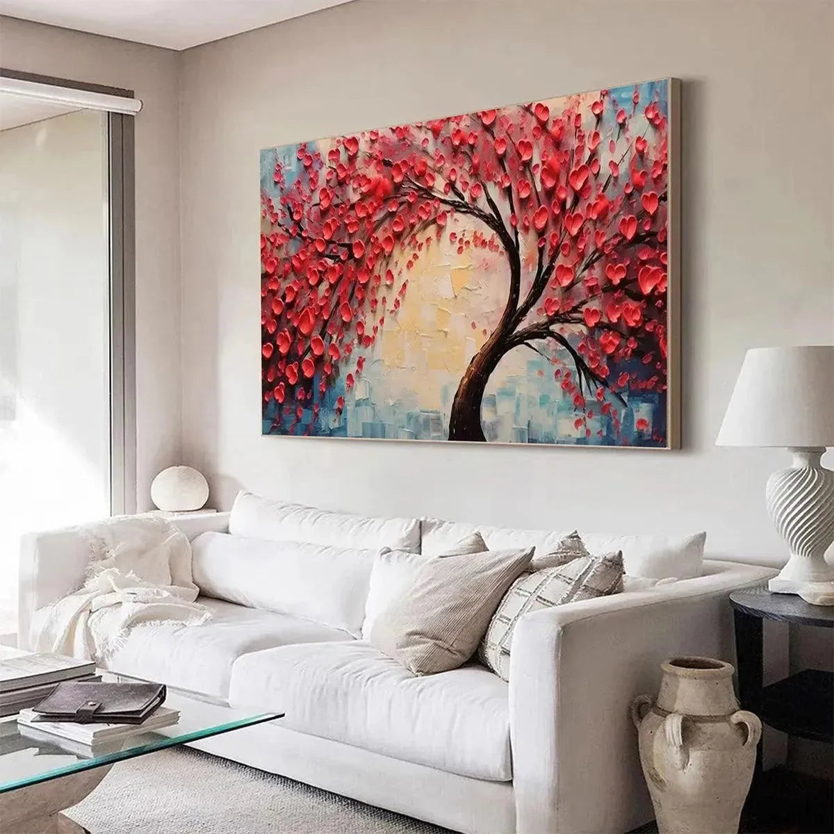 HEART TREE: Textured Impasto Red Tree Painting with Heart-Shaped Leaves | black frame version on white wall