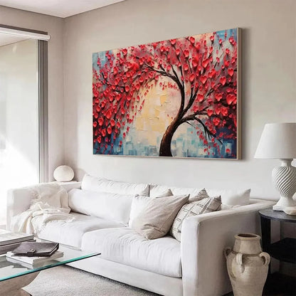HEART TREE: Textured Impasto Red Tree Painting with Heart-Shaped Leaves | black frame version on white wall