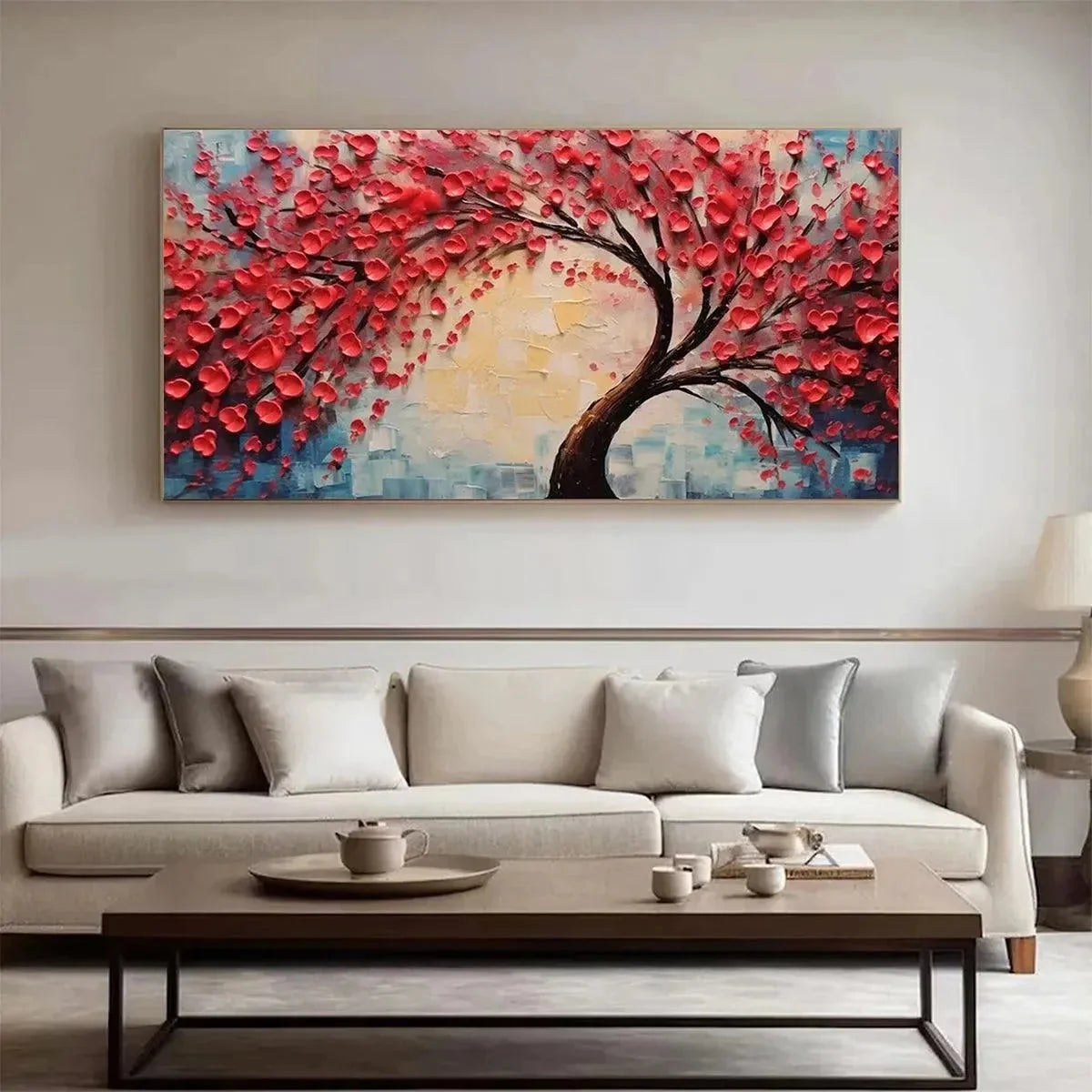 HEART TREE: Textured Impasto Red Tree Painting with Heart-Shaped Leaves | Figurative mood, soft natural light studio shot