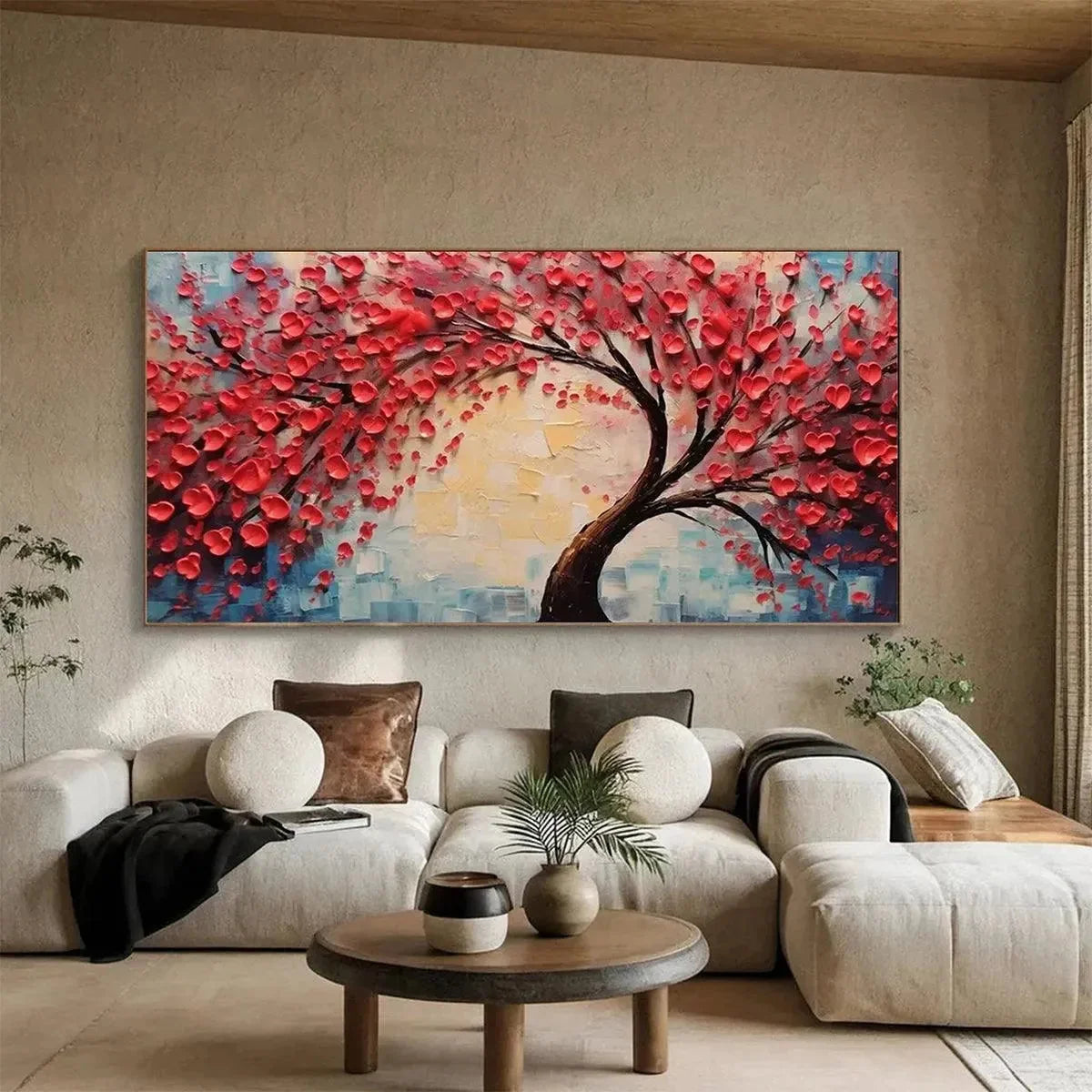 HEART TREE: Textured Impasto Red Tree Painting with Heart-Shaped Leaves | yellow palette, original oil on stretched canvas art