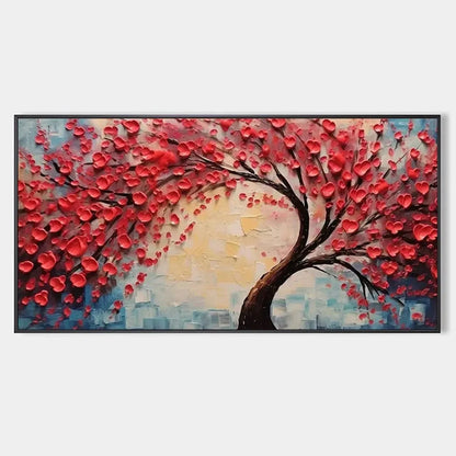 HEART TREE: Textured Impasto Red Tree Painting with Heart-Shaped Leaves | hanging in living room, Figurative wall art
