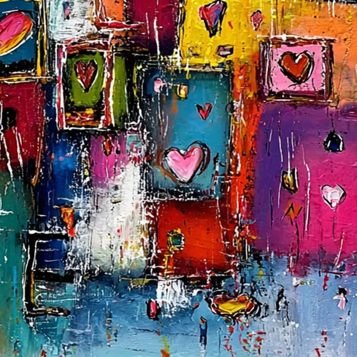 HEARTBEAT SYMPHONY: Colorful Abstract Love & Hearts Impasto Painting | rectangular format, hand-painted canvas edge