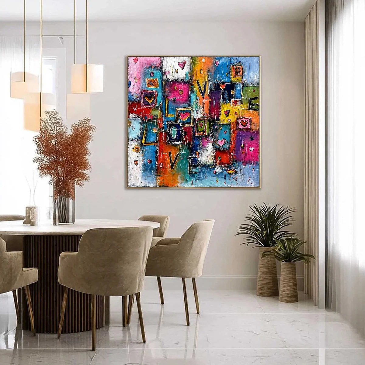 HEARTBEAT SYMPHONY: Colorful Abstract Love & Hearts Impasto Painting | gold frame stretched on neutral wall