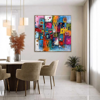 HEARTBEAT SYMPHONY: Colorful Abstract Love & Hearts Impasto Painting | gold frame stretched on neutral wall