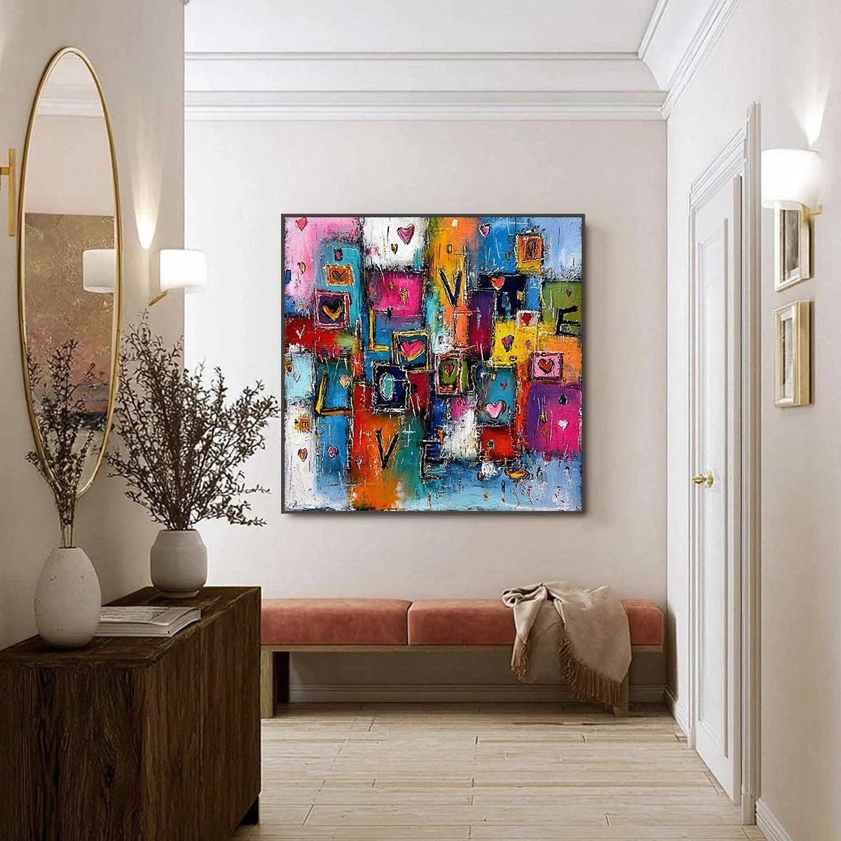 HEARTBEAT SYMPHONY: Colorful Abstract Love & Hearts Impasto Painting | black frame version on white wall