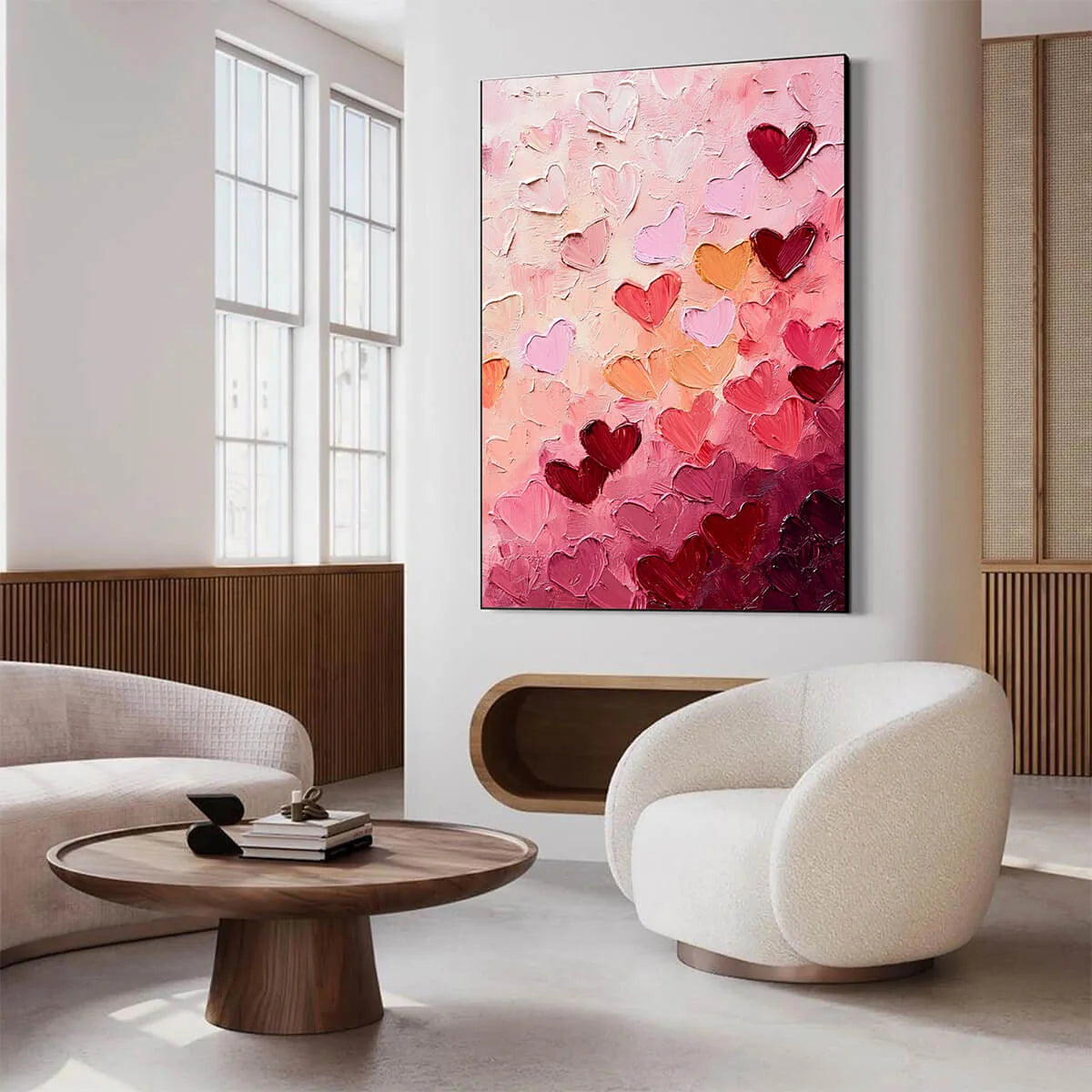 HEARTSCAPE: Textured Impasto Abstract Oil Painting in Pink and Red | gold frame stretched on neutral wall